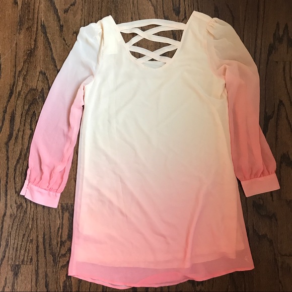 Pink ombré long sleeved shift dress w/ cross back - Picture 3 of 7